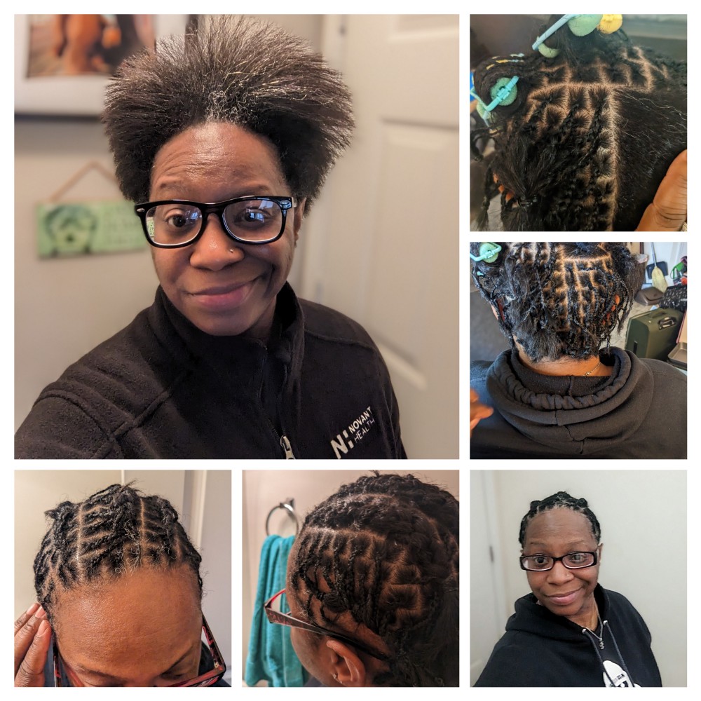 A collage of the beginning of my microlocs transition. From the afro blowout to the grid, then plaits/braids, cornrows, and the finished product. Photo Credit: Tremaine L. Loadholt & Akua Montgomery